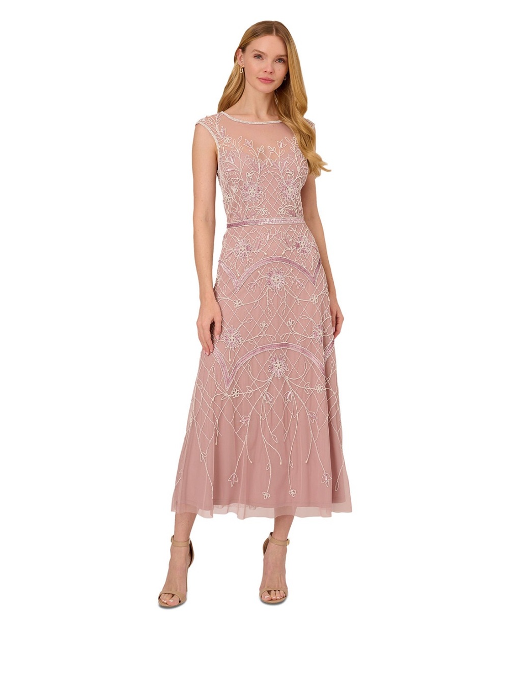 Adrianna Papell Size 16 Blush Dusty Pink Ivory Beaded Midi Dress NWT Formal Gown
